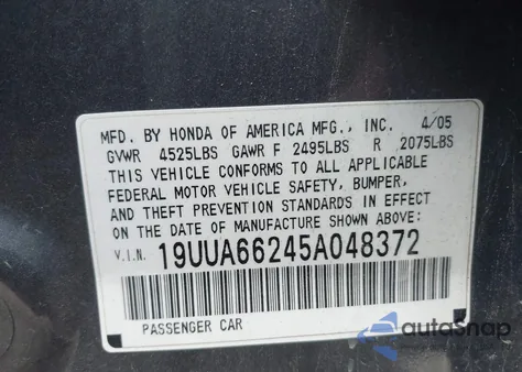 2005 Acura Tl from USA, damaged, VIN 19UUA66245A048372
